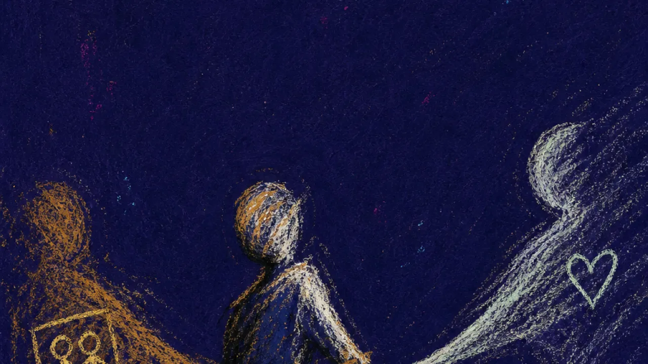A solitary figure with one wrist tugged between overlapping silhouettes, a fine tear opening near extended fingers