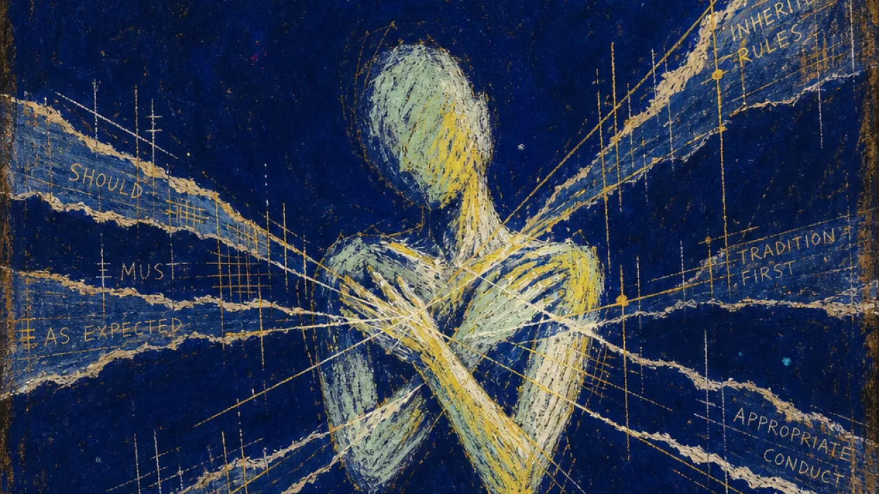 Rules pressing across the body A solitary figure with shoulders drawn inward, bright pages and rule lines pressing across crossed forearms and collarbone