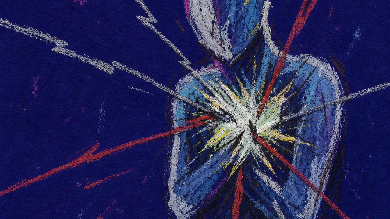 A solitary figure with crossed arms between angled message lines, red puncture marks meeting at the chest in indigo space