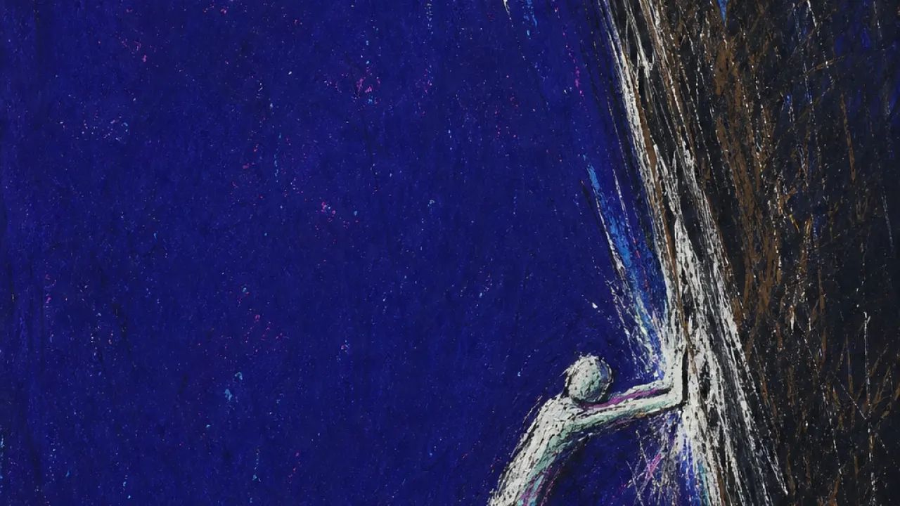 A solitary figure bracing both hands against a dark swinging hinge, pressure marks spreading across the palms in indigo space