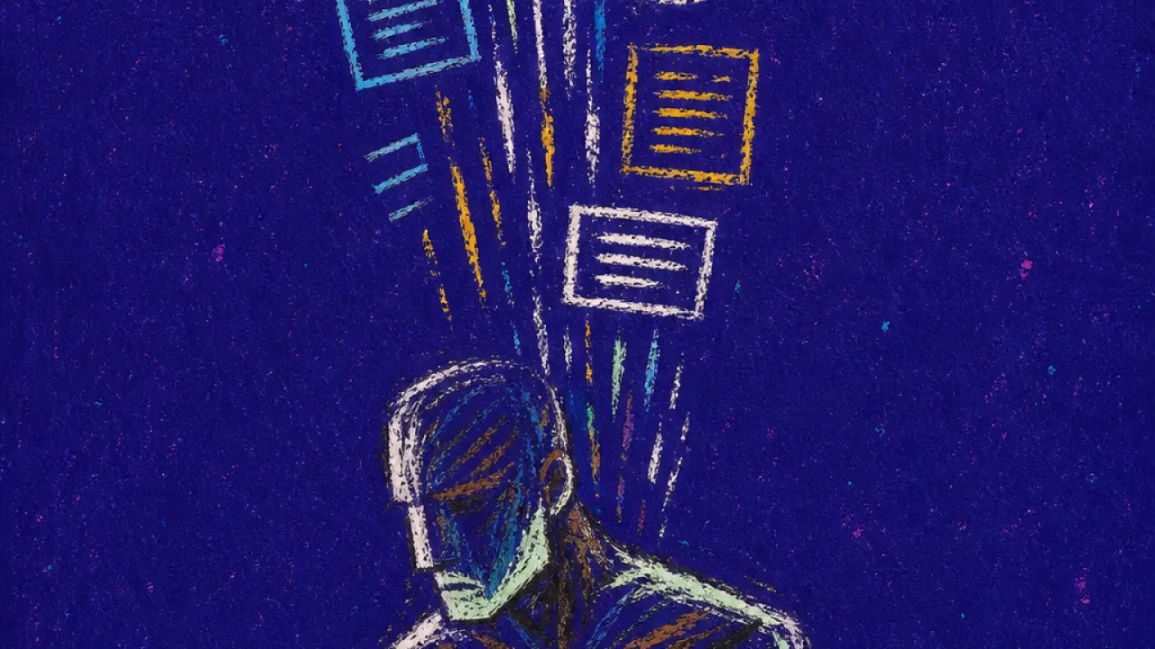 Pressure from above A solitary figure with braced shoulders under a high desk shadow, marked by downward lines of approval and pressure
