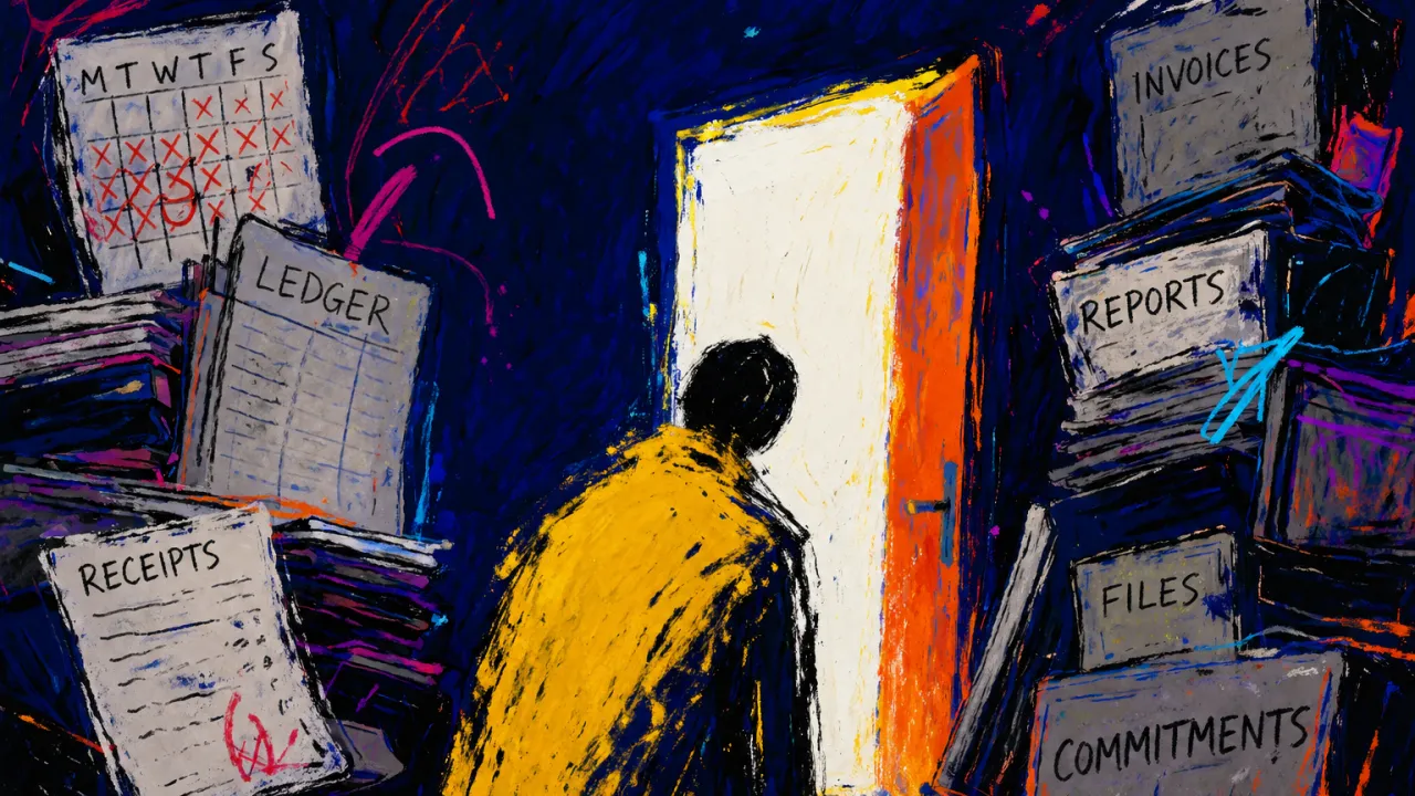 A lone figure with lowered shoulders beside an open doorway as stacked ledgers and calendars press inward around the torso.