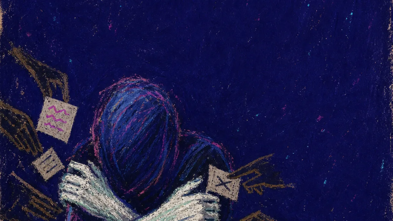 A solitary figure holding tense notes and muffled voices as many office hands press inward from every side