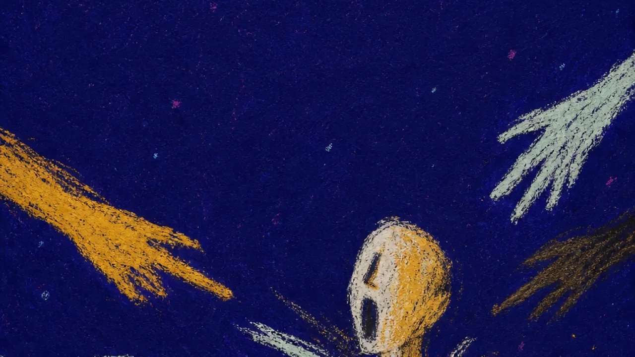 A solitary figure held rigid as surrounding hands push sharp lines toward their mouth, leaving marks across the shoulders