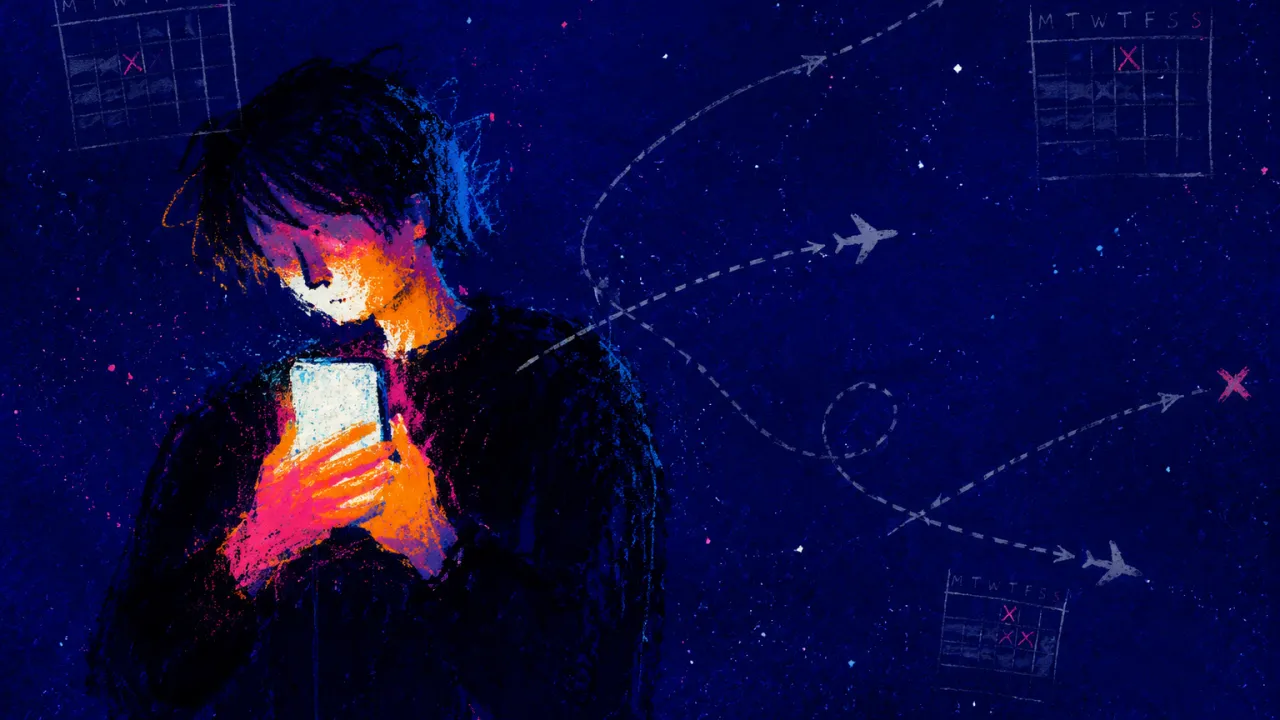 A solitary figure holding a lit phone as calendar grids and travel routes stretch outward through deep indigo space