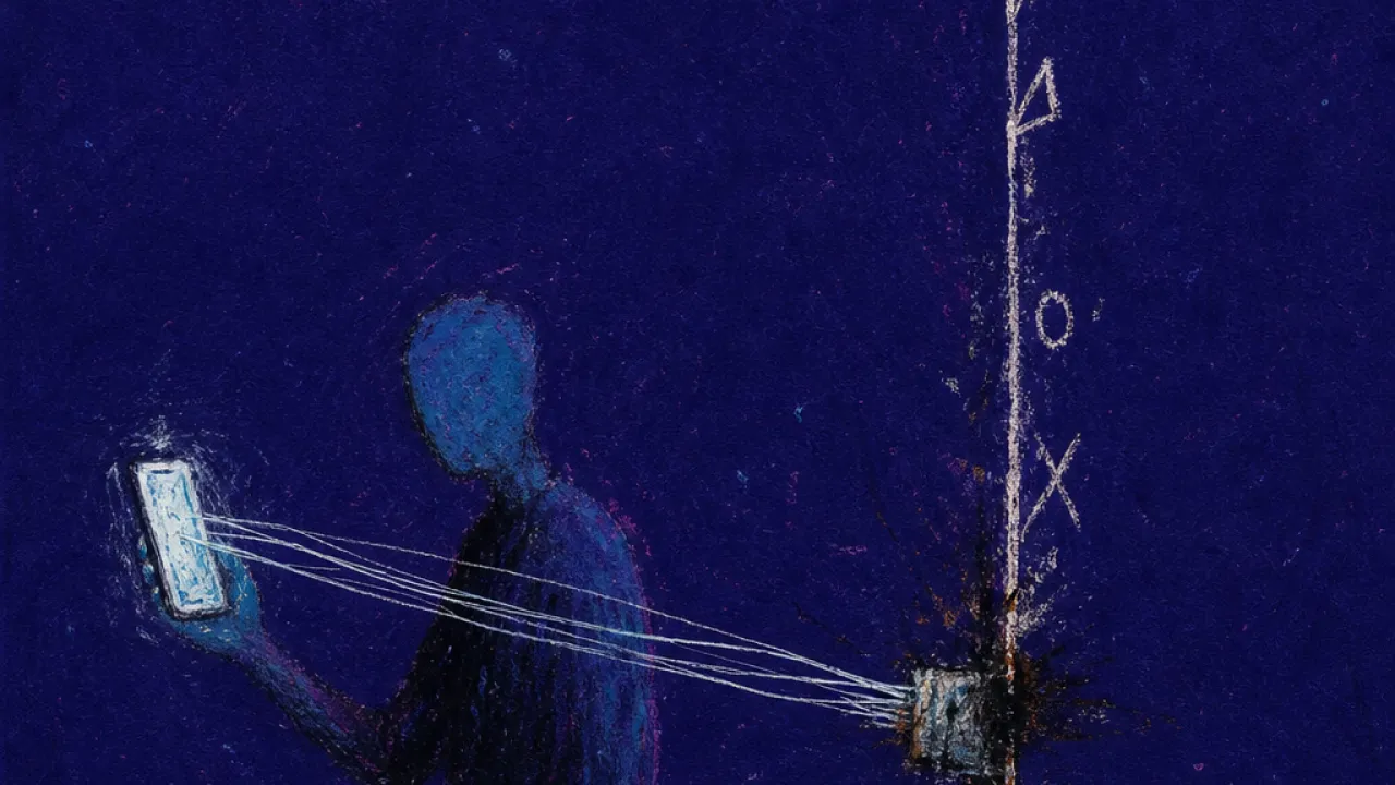A solitary figure holds a phone away from the chest as glowing message threads pull at the wrist across deep indigo space