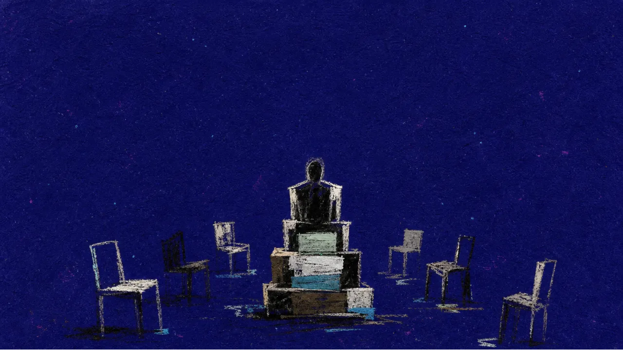 Raised beyond shared ground A solitary figure sits on an elevated chair as nearby seats pull away, with cold silver gaps around pressed shoulders