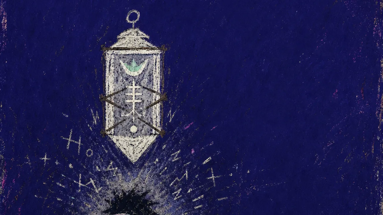 A solitary figure at a desk beneath a sealed lantern, shoulders raised as cold silver gaps break the path ahead