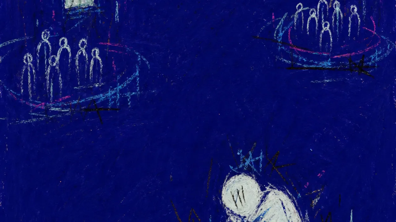 A solitary figure hunched over a desk, distant classroom lights and closed circles leaving cold gaps around the body