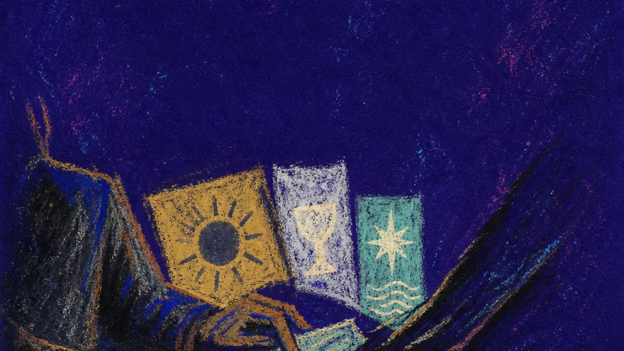 Pressed by a partial map A solitary figure bracing over a decision table as bright signs press forward and a curtain hides part of the map