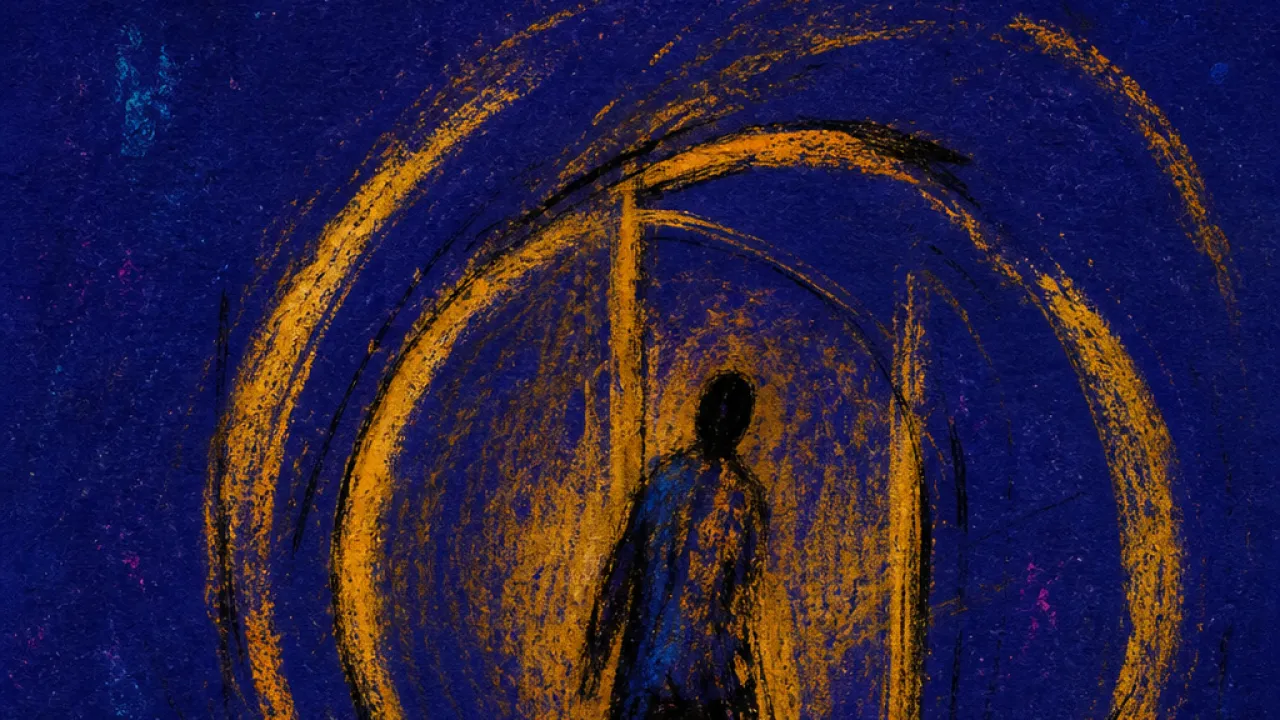 A solitary figure half-stepping through a revolving doorway, pulled by glowing messages and closing gaps into the same loop