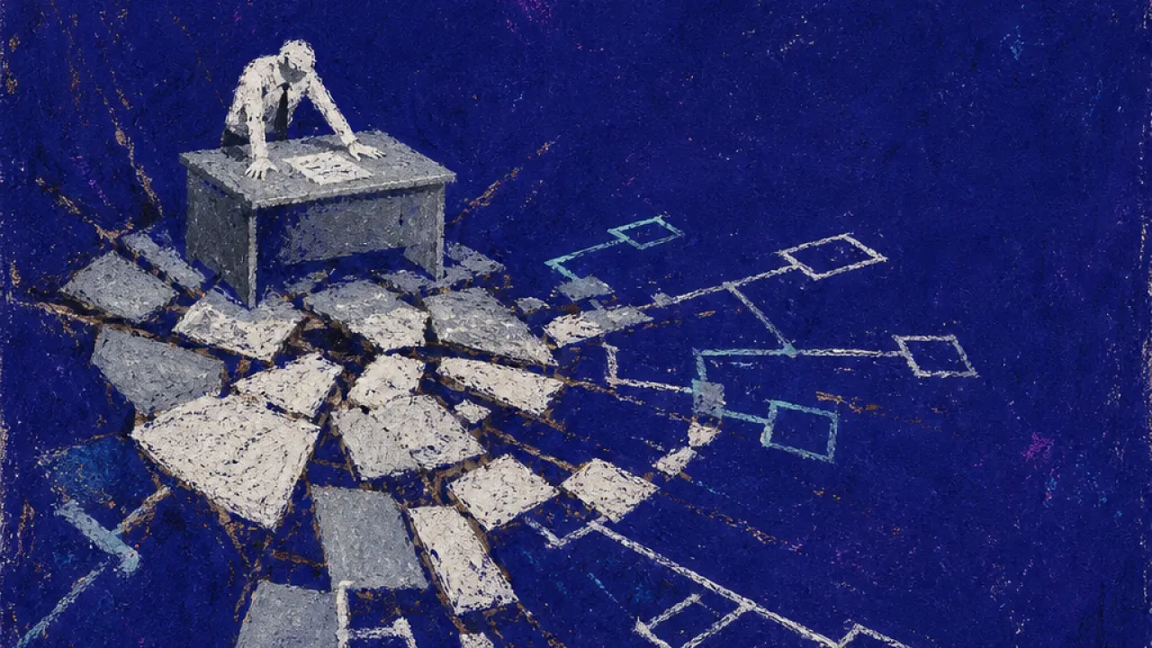 A solitary figure bracing at a desk as org-chart lines pull shifting floor panels beneath their feet