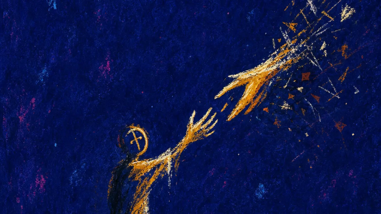 A solitary figure reaching for fast-moving hands as the ground tilts, with torn signal lines streaking through indigo space