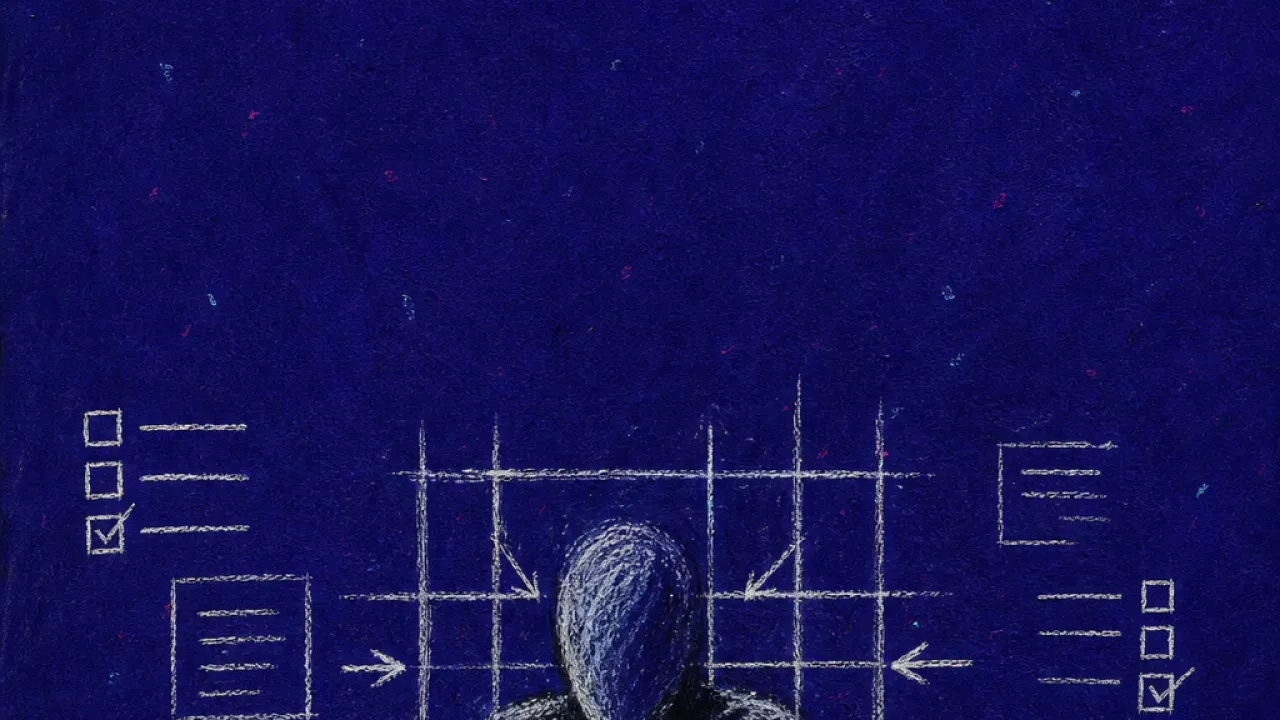 A solitary figure with shoulders drawn inward as glowing prompts and open books press scattered pages into a rigid grid