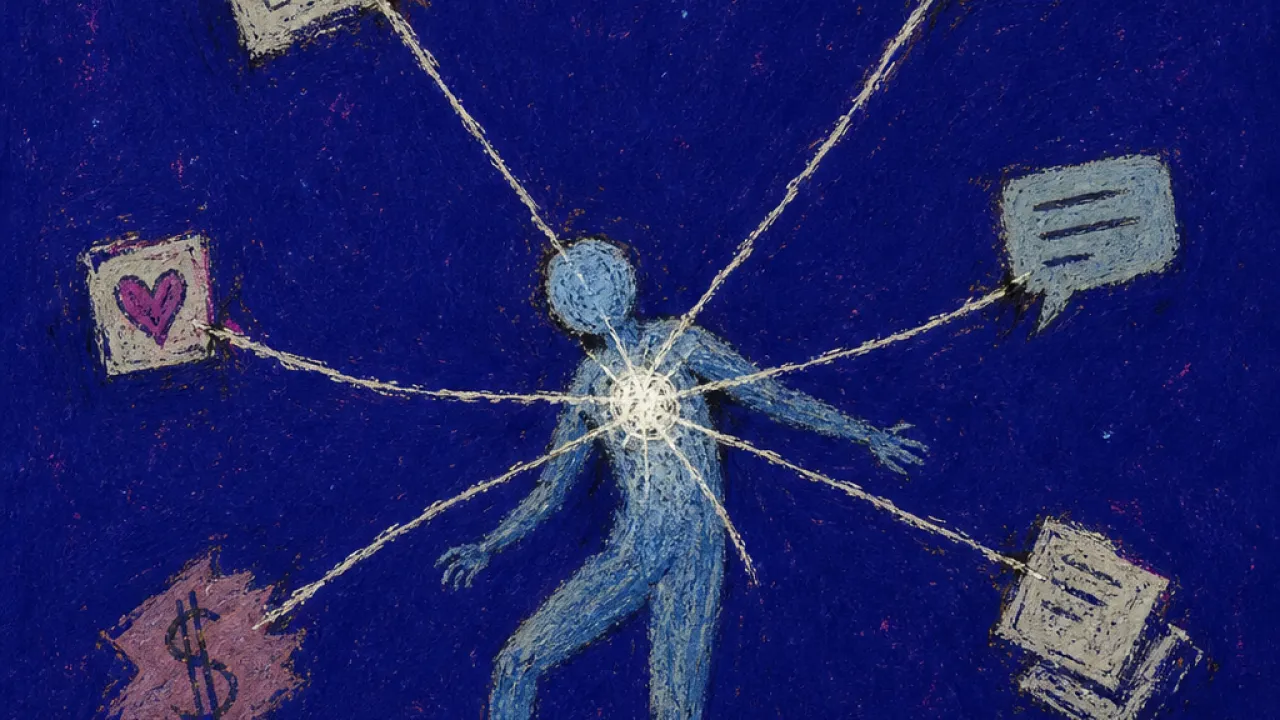 A suspended figure held between glowing notes, messages, and clocks, with thin bright lines trying to settle into the body
