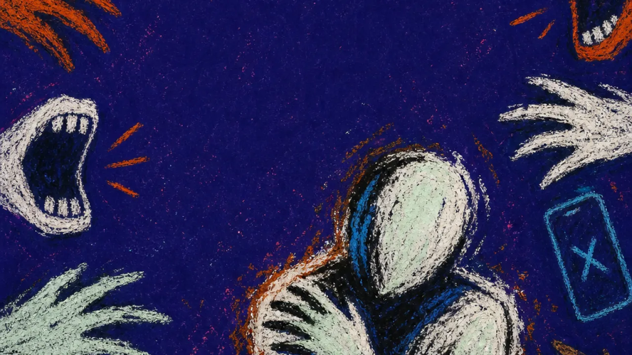 A solitary figure with drawn-in shoulders, reaching hands and lit screens pressing against a thin glowing perimeter