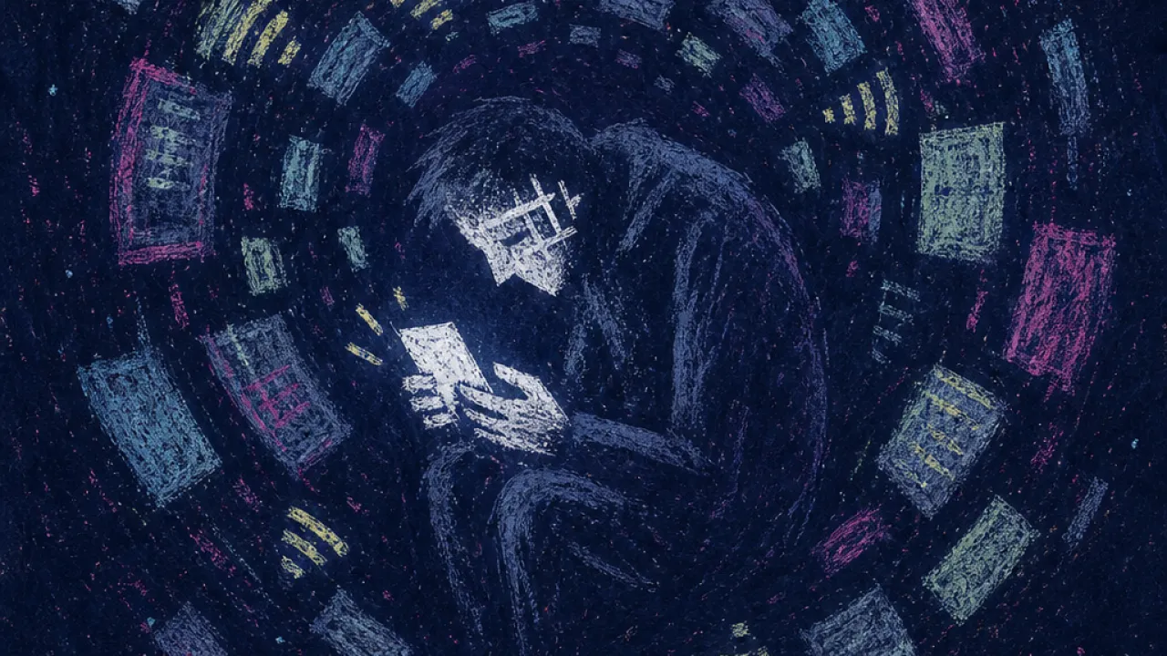 Signals closing around the body A hunched figure holding a glowing phone, surrounded by orbiting content tiles that form a closed loop around the body