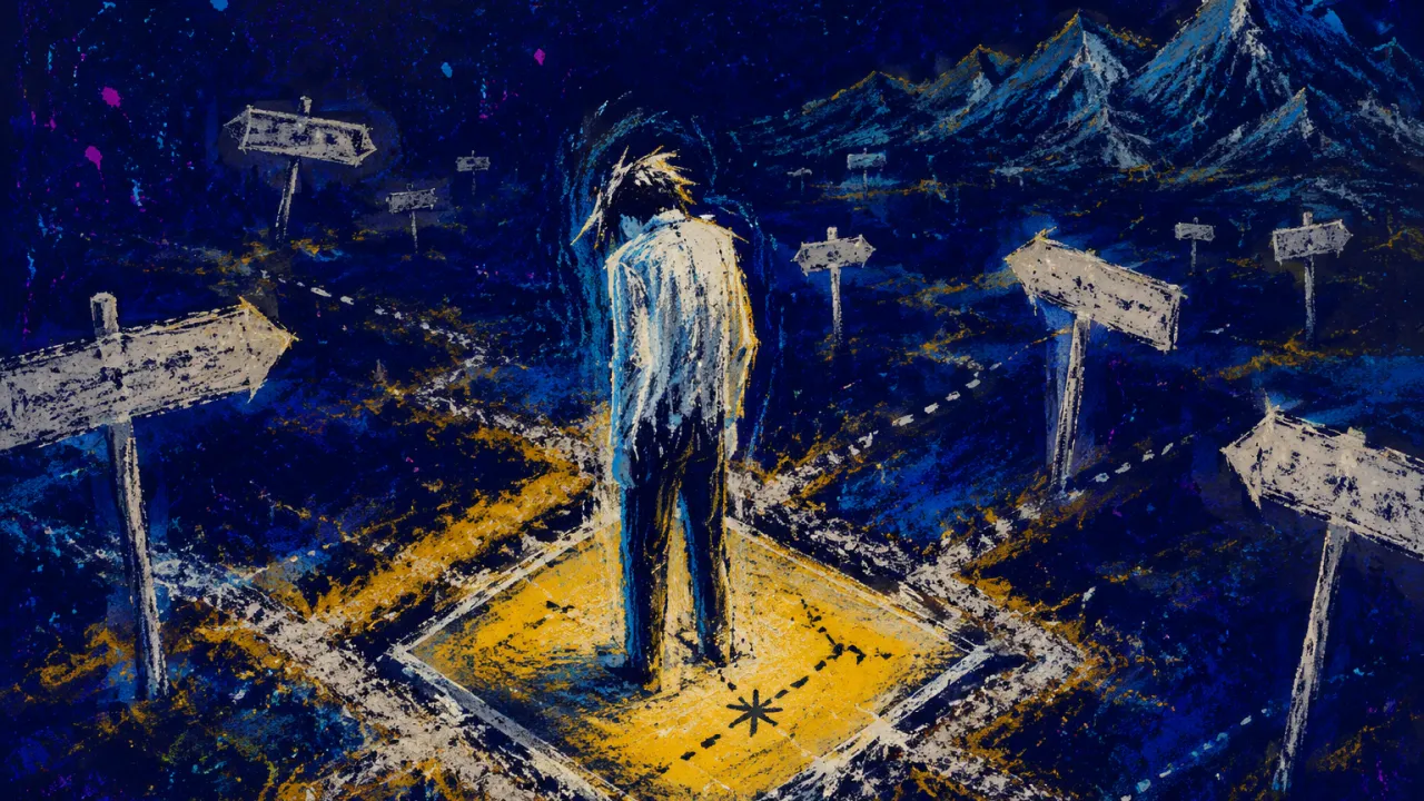 A figure stands inside a narrowing floor square, feet surrounded by blank signposts before open land and distant mountains.