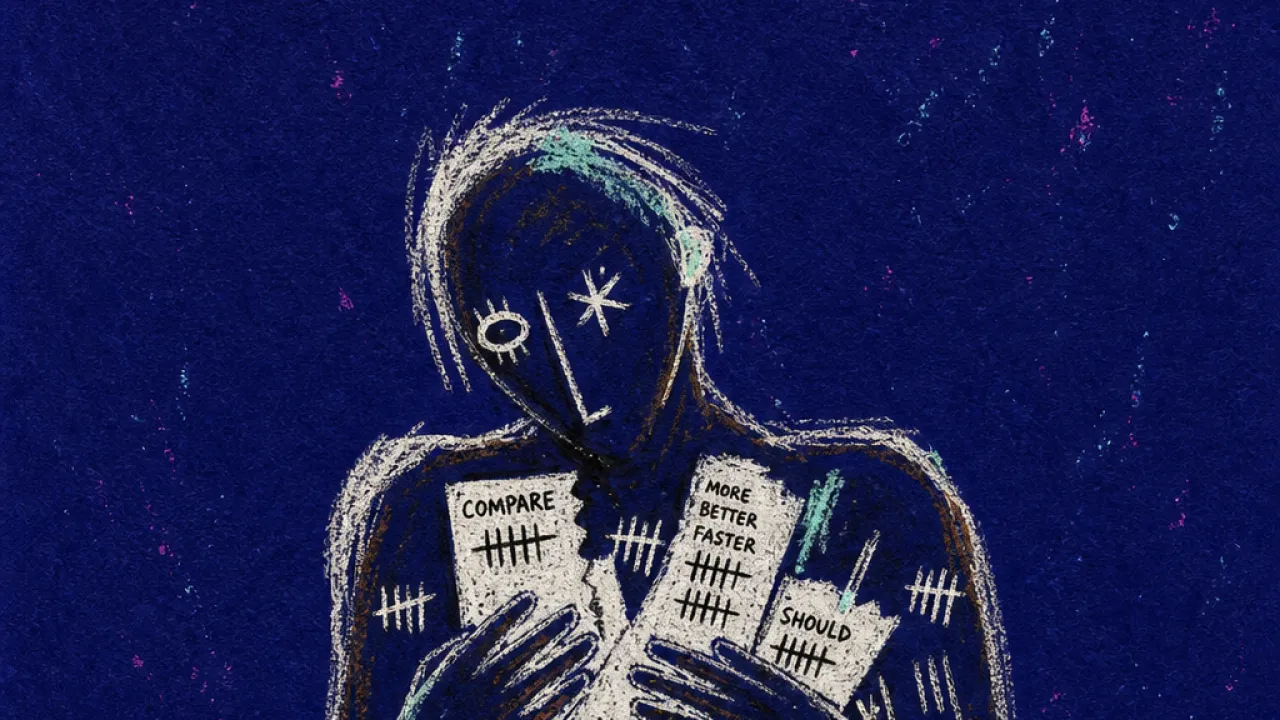 A solitary figure with shoulders drawn inward as hovering hands pin receipts and tally marks across the chest