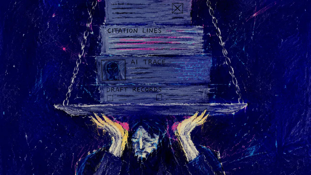 A solitary figure with shoulders drawn inward, hands under a scale tray as citation lines and draft records press downward