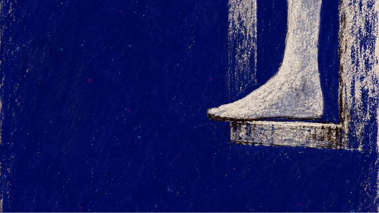 A solitary figure with one foot paused on a marked step, stamped forms squeezing a narrow doorway closed