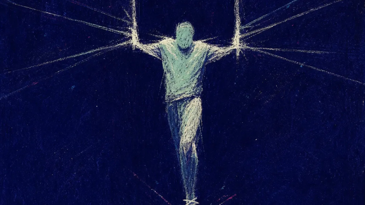 A solitary figure held at a threshold, copied threads and deadline lines tightening into a white frame around the body
