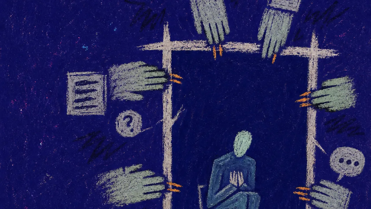 A solitary figure seated inside a glass frame, hidden hands closed as task notes press against the palms.