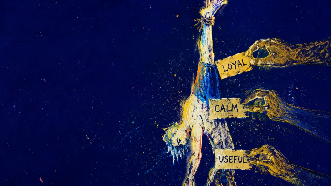 A suspended figure held by one ankle as hands pin labels to their body in deep indigo space