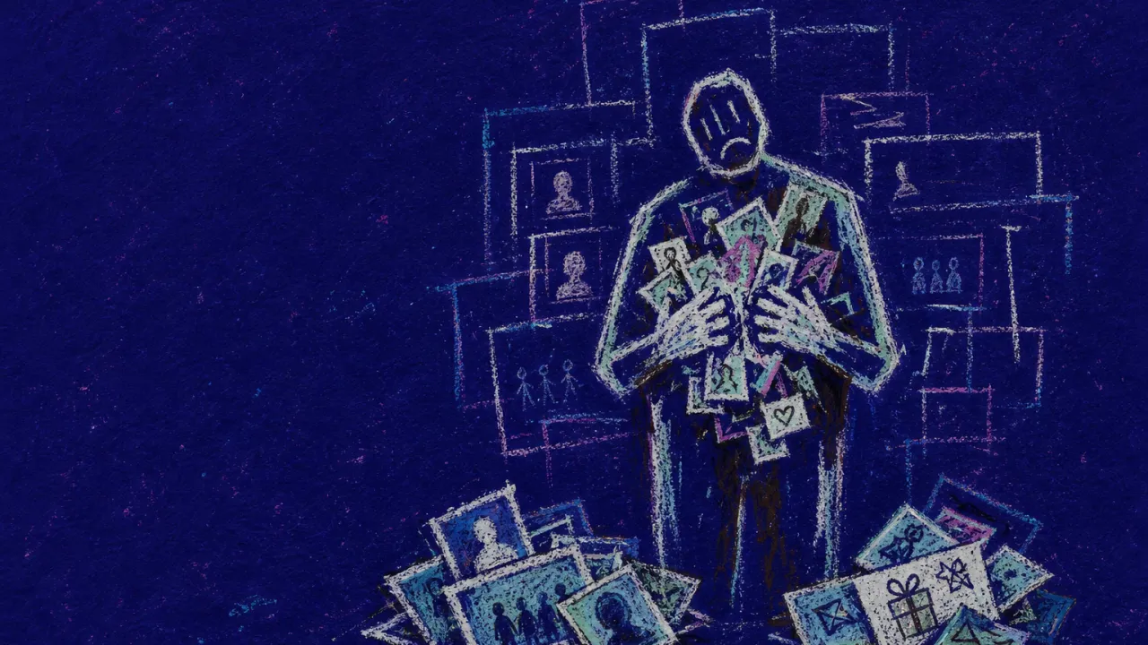 A solitary figure inside overlapping message frames as hands divide photos, invitations, and name tags into separate piles