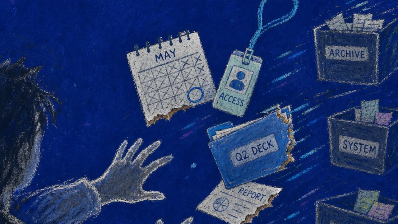 A solitary figure near a fading desk as calendar tiles, access badges, and files slide into labeled containers