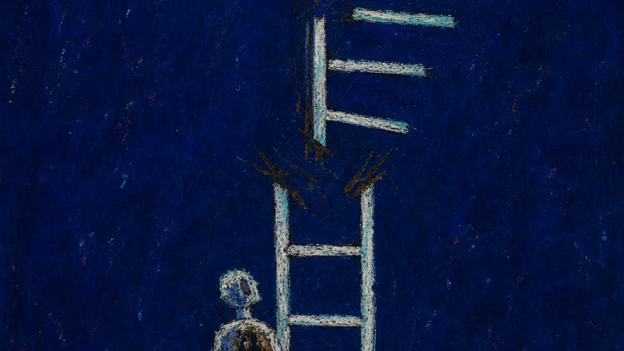Rungs pulled out of reach A solitary figure under a posted ladder, one foot on the first rung as hands from both sides slide upper rungs into a wall