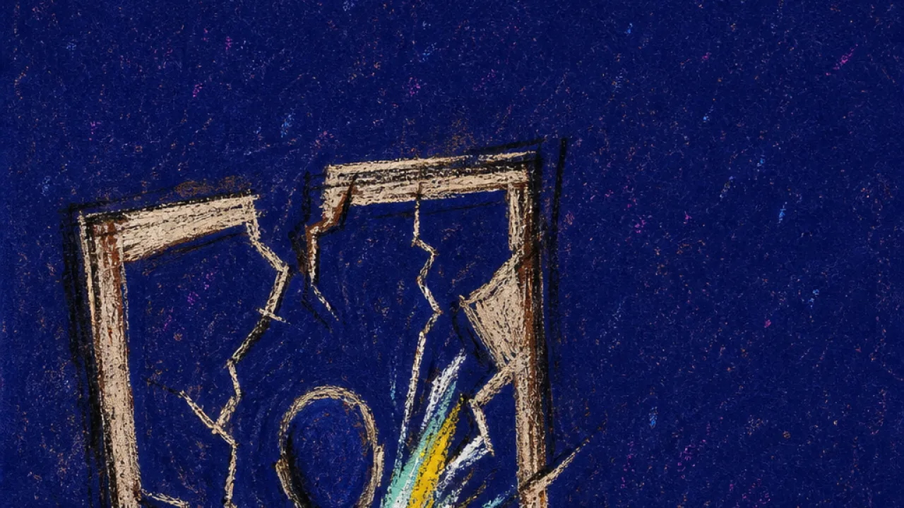 The Frame Cracking Open A solitary figure beneath a cracking bright frame, throat and shoulders marked by sharp lines as watching silhouettes close