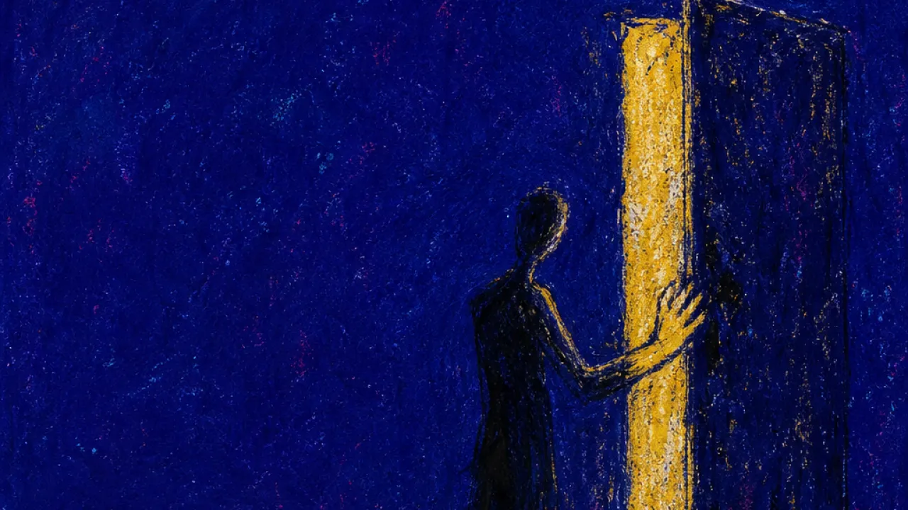 A solitary figure at a half-open doorway, receiving a careful offering while old marks remain across the floor