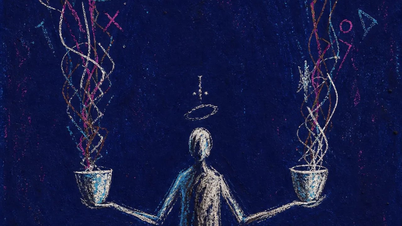 A solitary figure balancing two cups on outstretched forearms as surrounding hands drop tangled threads into the vessels