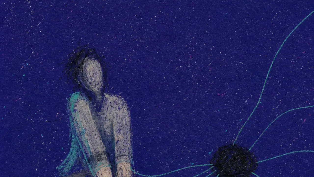 Ease routes every reach back A seated figure with wrists loosely tethered to a black hub, glowing cords routing each reach back through app-like paths