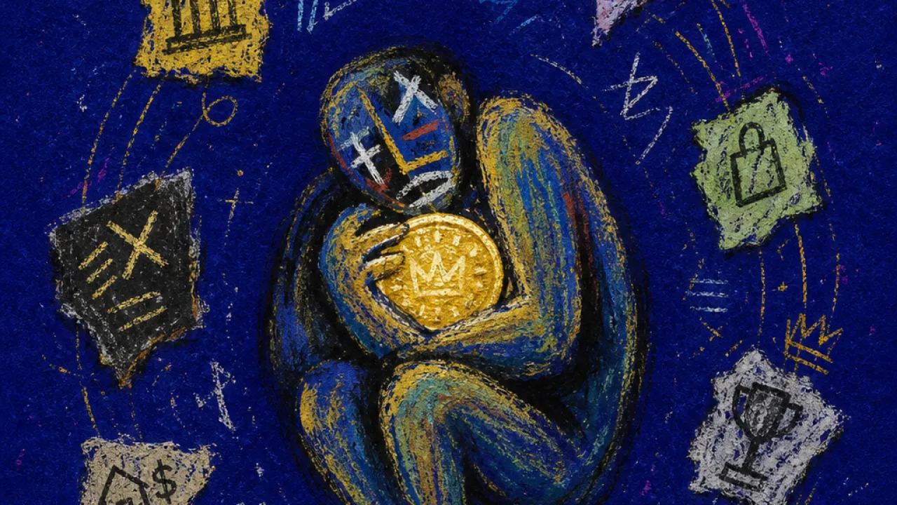 Reward tightening the room A solitary figure curled around a central coin as papers and status symbols tighten the surrounding deep indigo space