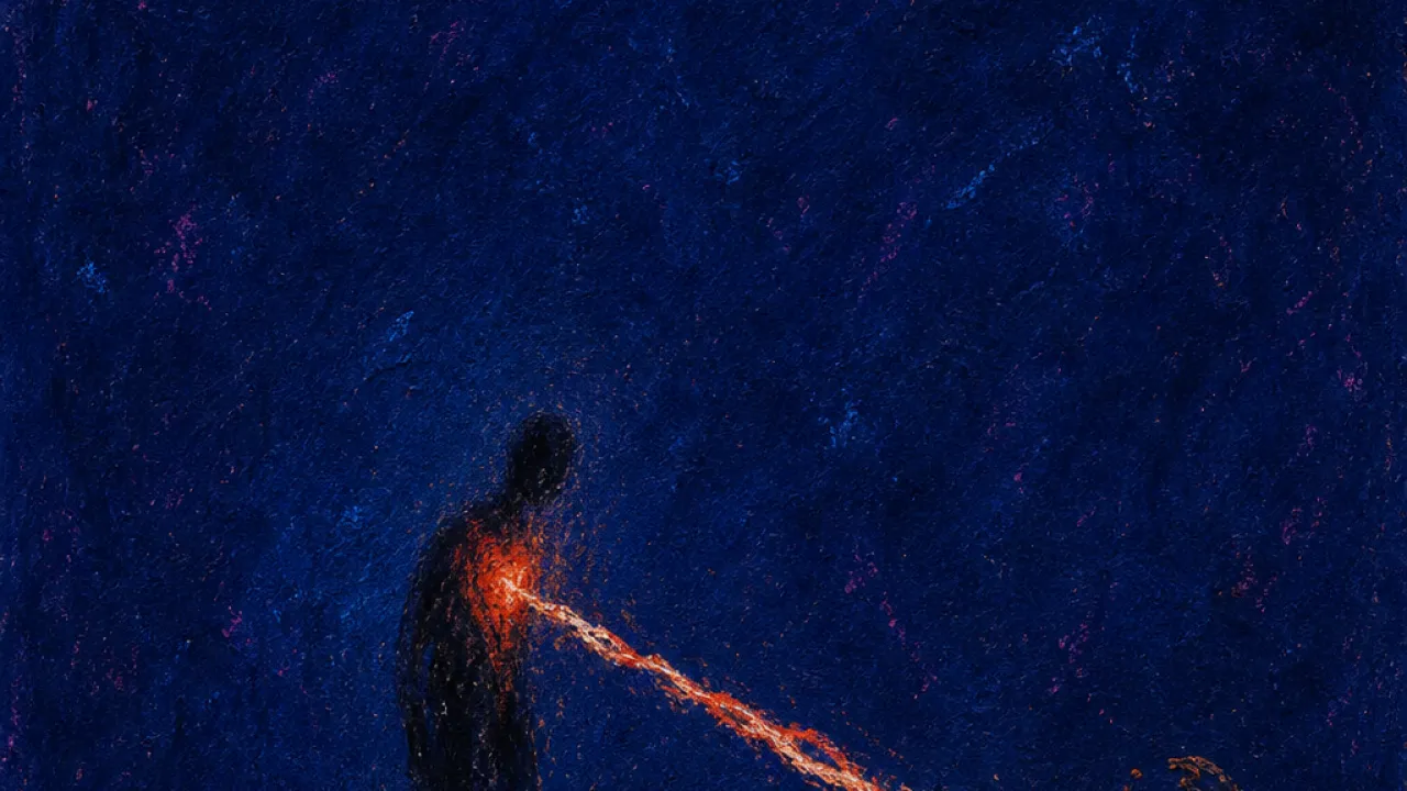Heat routed through chains A solitary figure leaning toward a bright tether as loose chains route heat through a black pedestal in deep indigo space