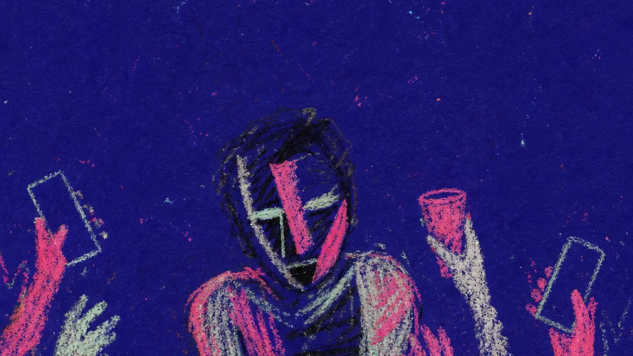 A solitary figure pulled toward raised cups and flashing phones, shoulders marked by neon contact in deep indigo space