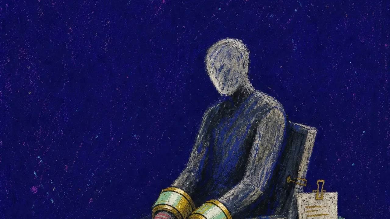 Gold bands fastening the chair A seated figure with wrists circled by glowing bands, pay slips and a company badge fastening the chair in deep indigo space