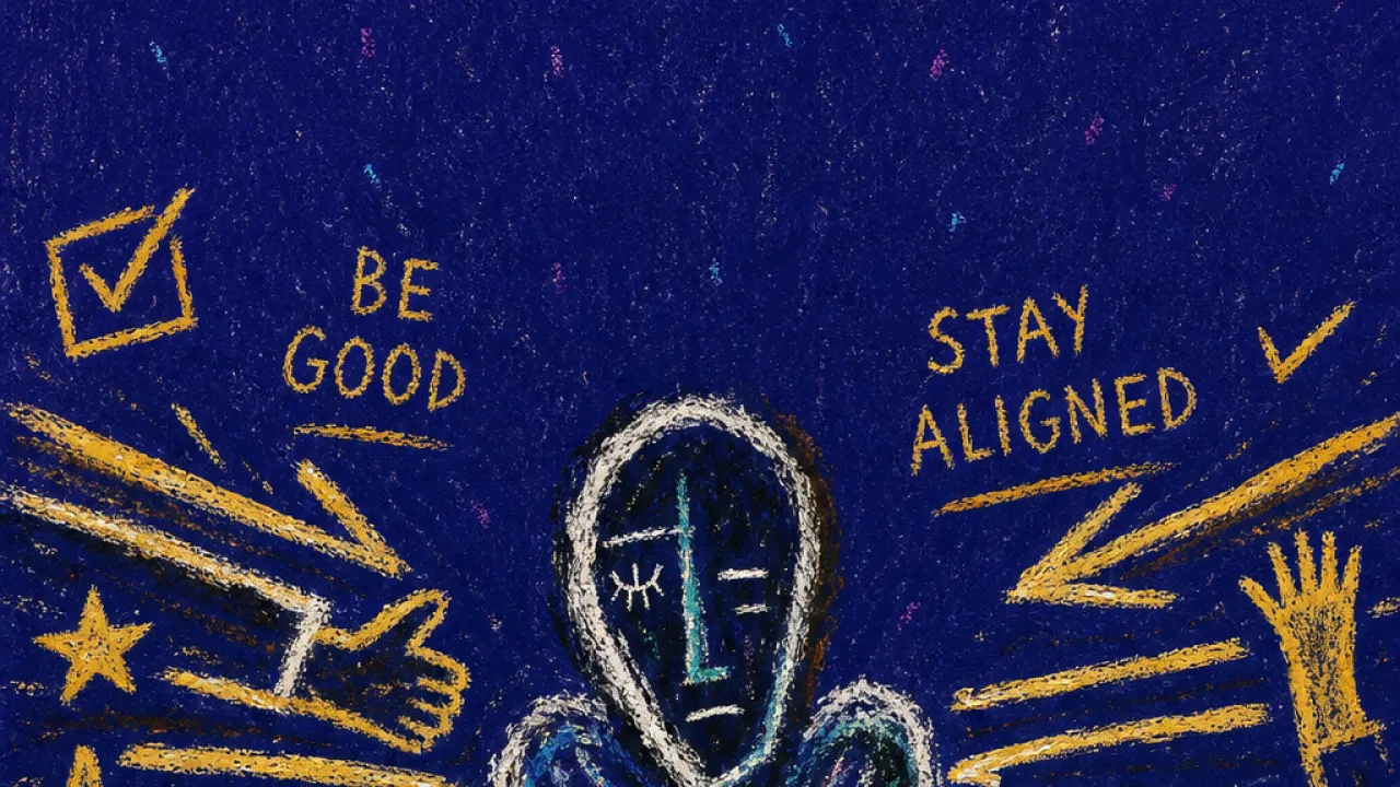 Alignment pressed into place A solitary figure with shoulders drawn inward as bright slogan marks press into the chest and hands rise above