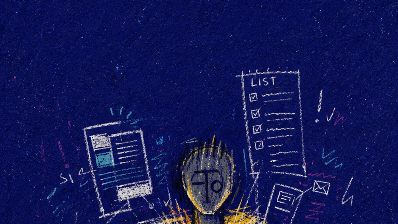 A solitary figure under glowing screens and raised task lists, shoulders marked by warm pressure in deep indigo space