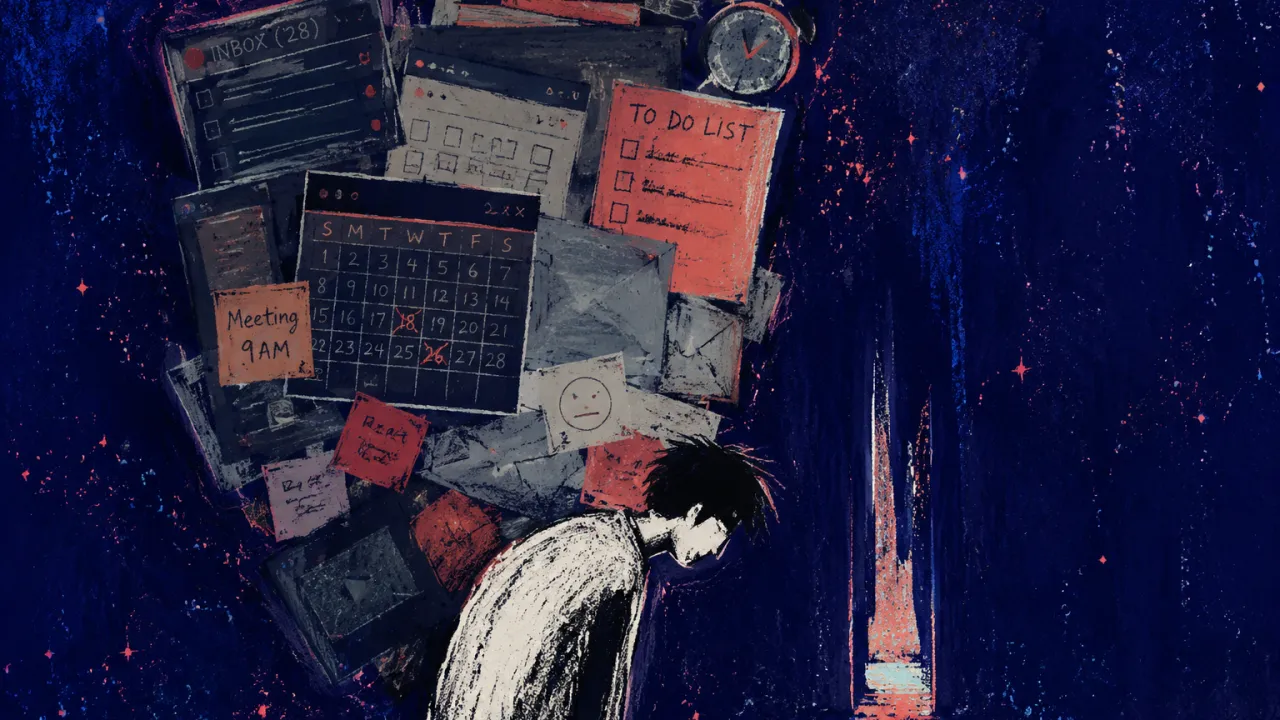 A solitary figure under layered belongings, app panels, and calendar blocks, shoulders lowered as the doorway narrows.