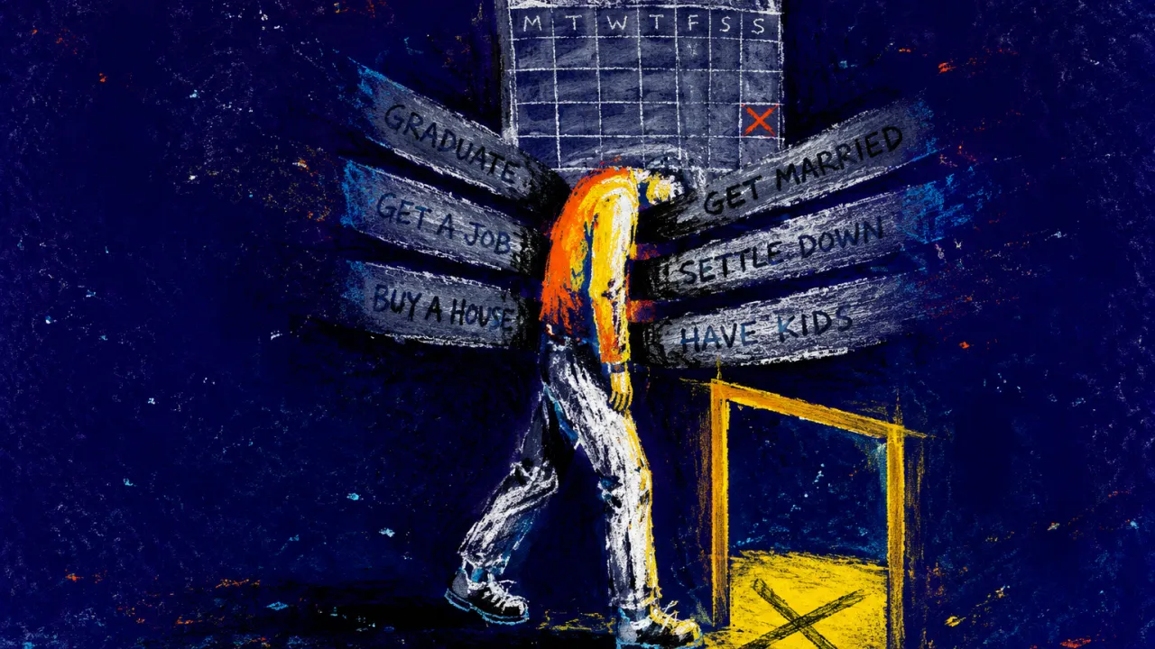 The Calendar Presses the Next Step A solitary figure paused mid-step at a threshold, shoulders under a calendar grid as milestone bands encircle the torso.