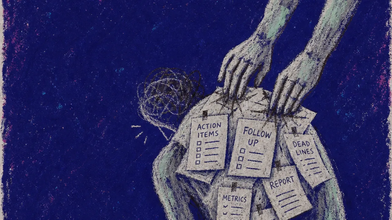 A solitary figure with bent shoulders as angled hands pin task lists against the back in cold iron and deep indigo space