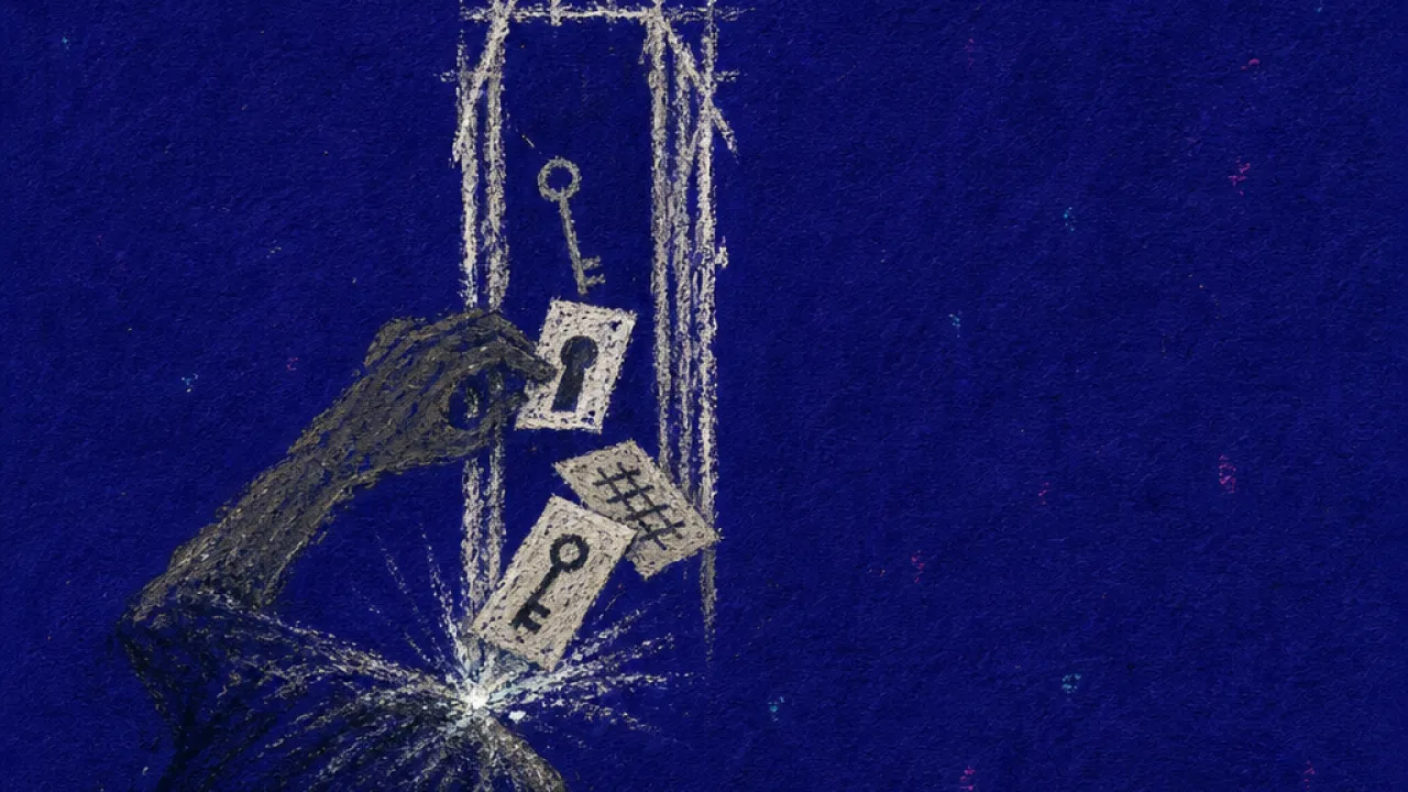 A hunched figure at a laptop while an elevated hand funnels papers, keys, and doors through one narrow gate