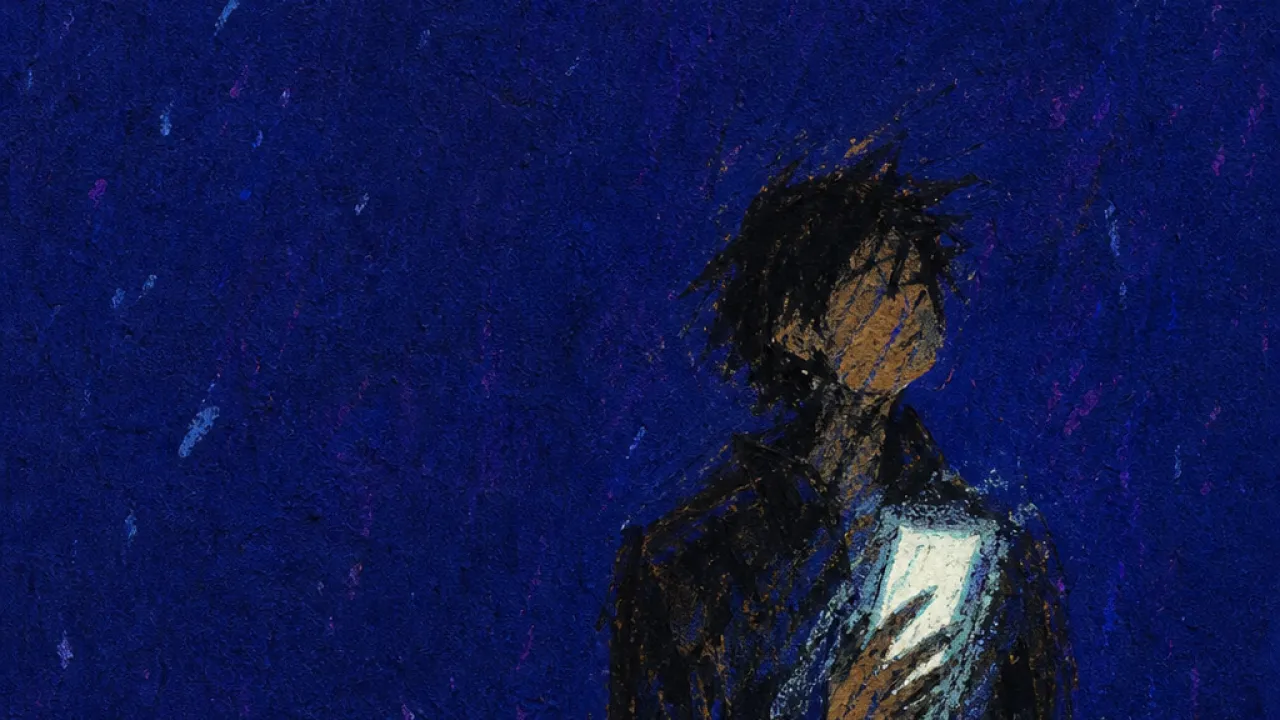 One fact splits the room A solitary figure holding a lit phone as a bright line strikes the chest, leaving a sharp split through the space around them