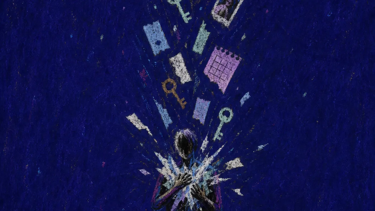 Structure falling all at once A solitary figure beneath a split roof as keys, photos, messages, and calendar pages fall through deep indigo space