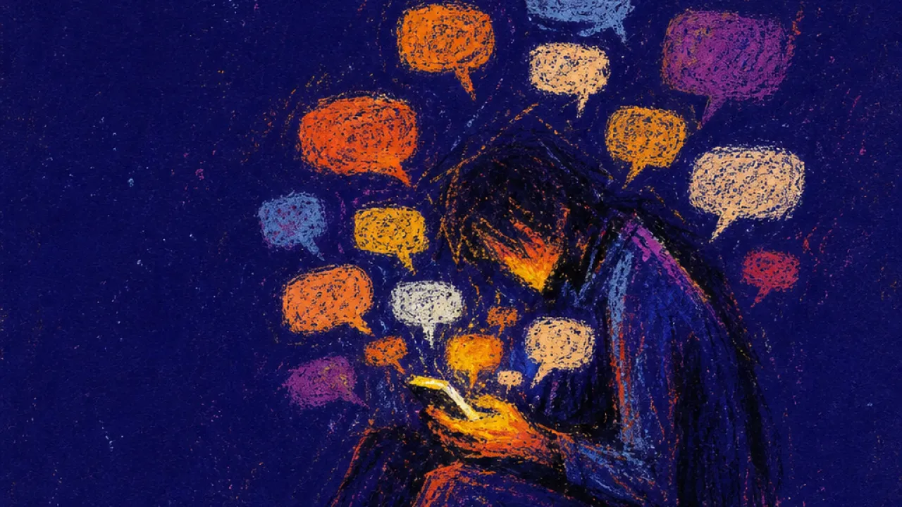 A solitary figure hunched over a glowing phone as speech bubbles and hands press inward through hot amber space