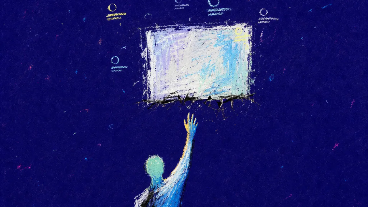 A solitary figure reaching toward a glowing feed window as distant usernames circle above, leaving silver gaps around the out