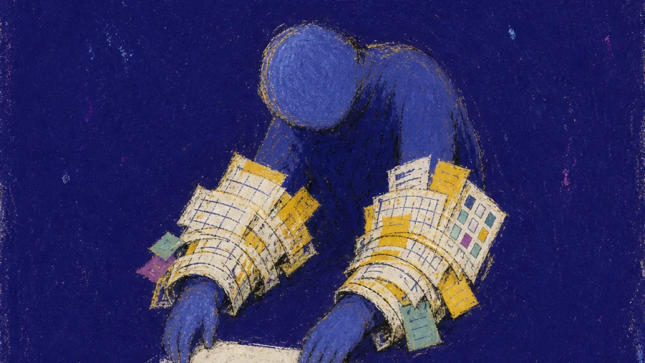 A hunched figure at an untouched draft, wrists wrapped by glossy planners and app grids leaving pale marks on the hands